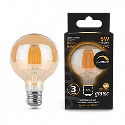 Лампа Gauss Filament G95 6W 620lm 2400К Е27 golden диммируемая LED 1/20