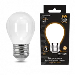 Лампа Gauss Filament Шар 9W 590lm 3000К Е27 milky LED 1/10/50