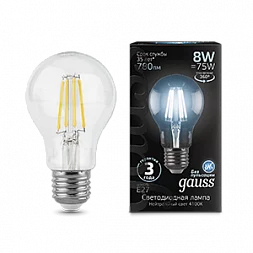 Лампа Gauss Filament А60 8W 780lm 4100К Е27 LED 1/10/40