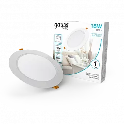 Светильник Gauss Basic Downlight круг 18W 1600lm 4000K 170-260V IP20 170*26 белый LED 1/60