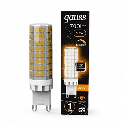 Лампа Gauss G9 AC185-265V 5,5W 700lm 3000K керамика диммируемая LED 1/10/200