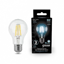 Лампа Gauss Filament А60 6W 630lm 4100К Е27 LED 1/10/40