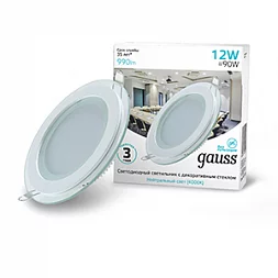 Светильник Gauss Glass круг 12W 990lm 4000K 185-265V IP20 монт Ø130 160*36 с дек стеклом LED 1/10/40